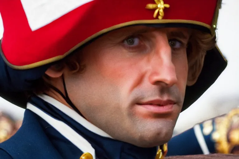 Image similar to closeup portrait of emmanuel macron dressed as napoleon firing a cannon at england, natural light, sharp, detailed face, magazine, press, photo, steve mccurry, david lazar, canon, nikon, focus