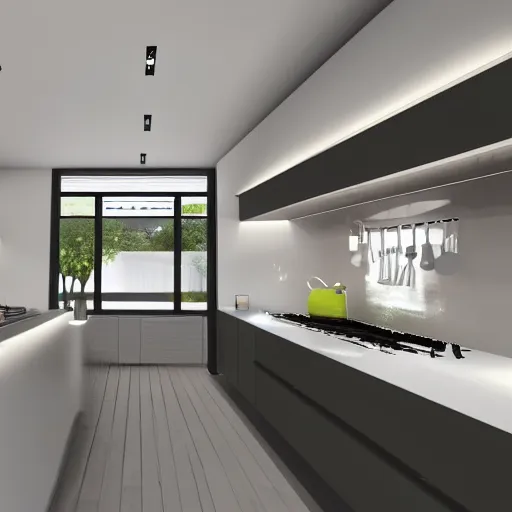 Image similar to modern kitchen with rgb led strip lighting, homes and gardens, wren kithens, super detailed render, award winning,