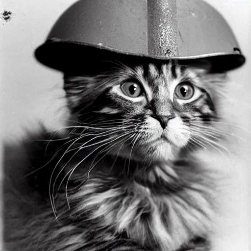 Image similar to close up of a maine coon kitten wearing soldier helmet in the battle, ww 2, black & white