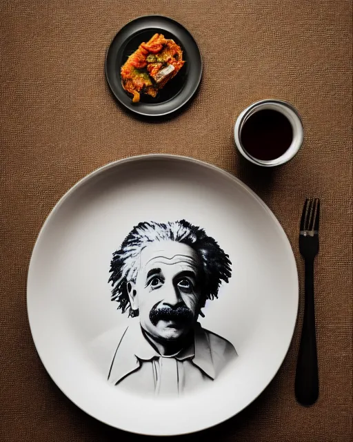 Prompt: a portrait of albert einstein sitting at the dining table with a plate containing thali in front of him, highly detailed, trending on artstation, bokeh, 9 0 mm, f / 1. 4