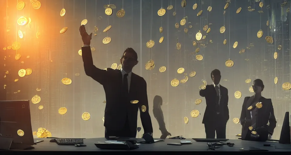 Image similar to Dramatic photo of a CEO waving to silhouettes of his coworkers in a futuristic office. Golden coins are levitating all around them. 8k, high detail, trending on Artstation, volumetric lighting, cyberpunk