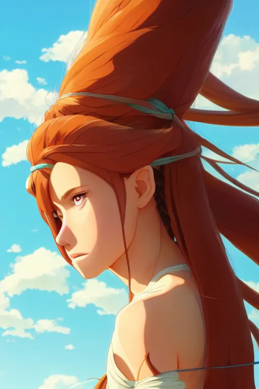 Prompt: long ginger hair, tanned woman in a prehistoric outfit, by artgerm, hair tied in a ponytail, white background, by studio muti, greg rutkowski makoto shinkai takashi takeuchi studio ghibli