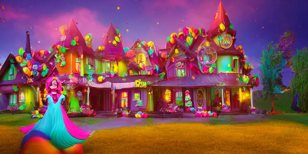 Prompt: a beautiful witch made of candy showing the camera a candy land style house, bright, vibrant, everything is made of candy, cinematic, award winning, octane render