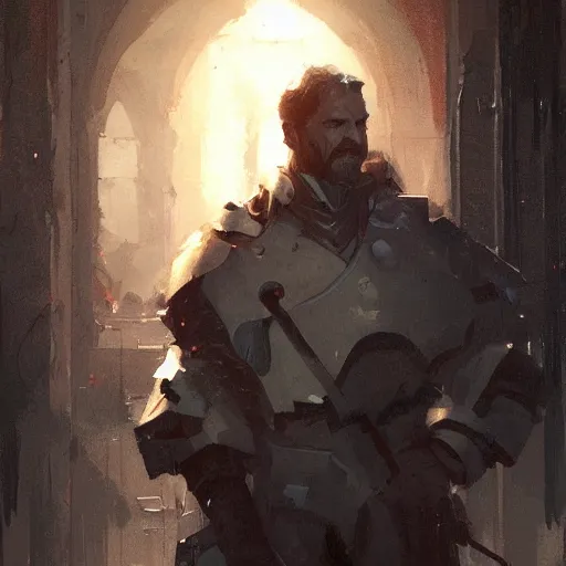 Prompt: Portrait painting of weary paladin by greg rutkowski and Craig Mullins, Dark atmospheric and cinematic lighting