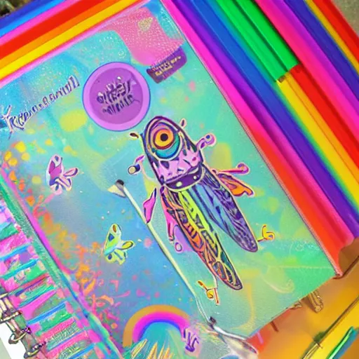 Prompt: lisa frank new school planner series, rainbow neon technicolor insects