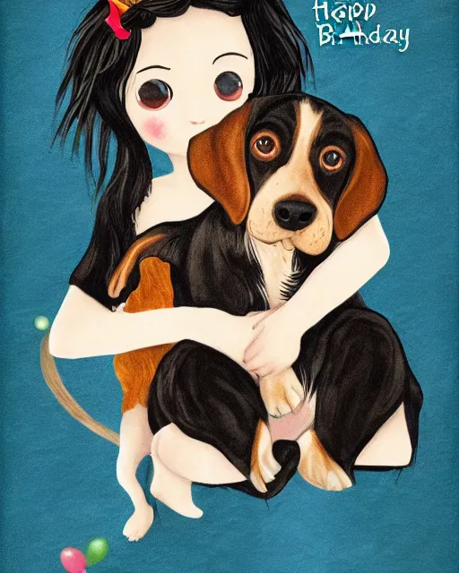 Image similar to happy birthday postcard in a style of Neil Gaiman book , black haired girl holding a beagle puppy, trending on artstation, 8k, highly detailed