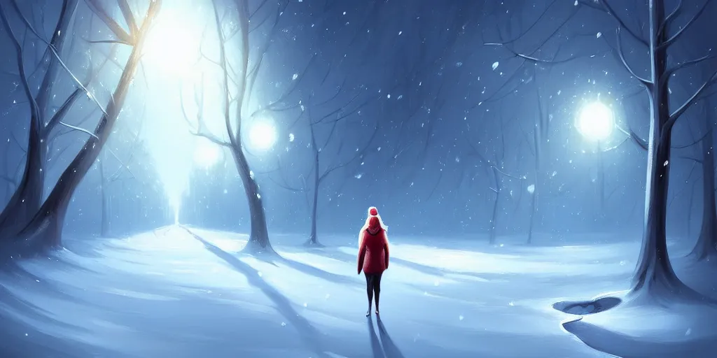 Prompt: a painting of a person walking in the snow, concept art by cyril rolando, featured on deviantart, metaphysical painting, anamorphic lens flare, 2 d game art, concept art
