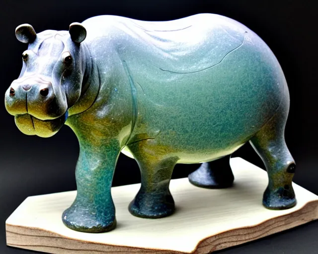 Image similar to a sculpture of hippo baby, bottom half wood!!!!! carved, top half blue translucid resin epoxy, cubic blocks, side view centered, mixmedia, transparent,