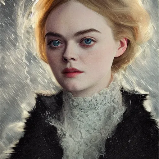 Image similar to Elle Fanning in a black coat, religious masterpiece portrait, oil on canvas, dark stormy night, fire lighting, rainy window, in the world of Andrew Wyeth and Bloodborne, artstation, by J. C. Leyendecker and Peter Paul Rubens,