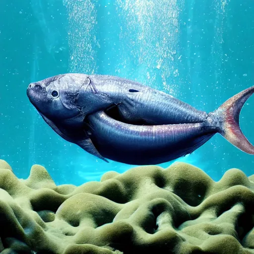 Prompt: underwater view of an alien fish swimming on an ocean bed, deep blue sea