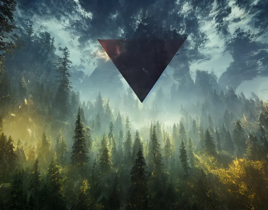 Prompt: flying geometric bringing triangle in center, forest, beautiful graphics, fantasy artwork, very beautiful scenery, hd, hdr, ue 5, ue 6, unreal engine 5, cinematic 4 k wallpaper, 8 k, ultra detailed, by popular digital, details, beautiful image ever created, high resolution, artstation, award winning