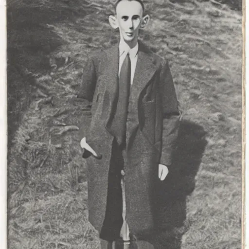 Image similar to Photograph of a young extremely thin 1930s outcast man with long hair