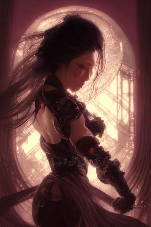 Image similar to beautiful magician and evil and stuunning and mythical female ninja portrait+shiny eyes+light flowing hair, in cyberpunk night ruin tokyo temple, ultradetail face, art and illustration by tian zi and craig mullins and WLOP and alphonse mucha, rim lght, fantasy, intricate complexity, human structure, fantasy world concept, watermark, blurry, hyperrealism 8k