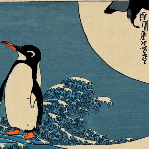 Prompt: penguin meme hokusai style with text royal road pwns j 0 0