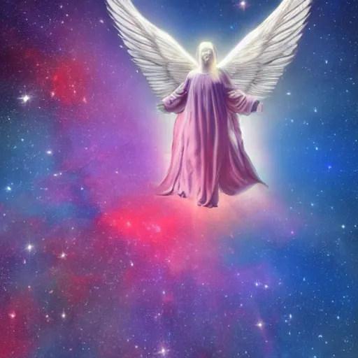 Image similar to a giant solid angel flying through a nebula