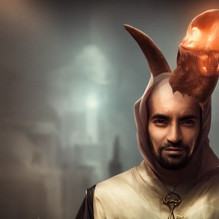 Prompt: portrait sheikh of dubai, dark fantasy goblin, head and torso only, cinematic lighting, studio quality, anime, john grey, 4 k, master piece