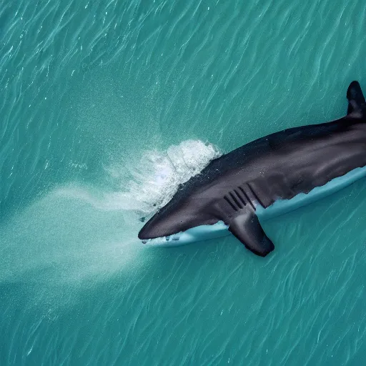 Prompt: an aerial photograph of a giant shark underneath a small boat. photograph. high quality. national geographic.