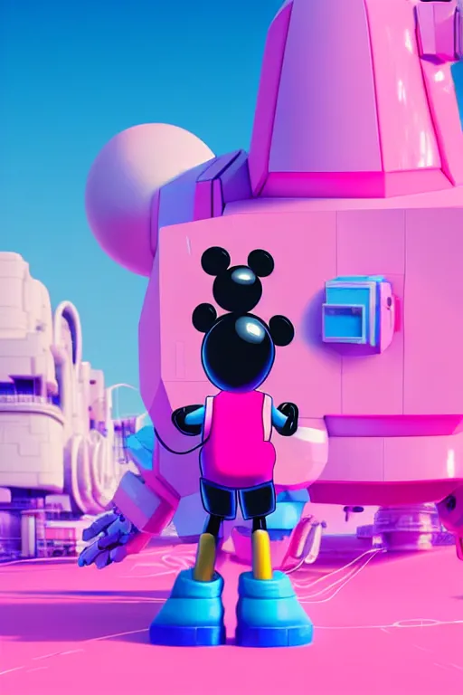 Image similar to a beeple painting of mickey mouse and a giant robot, by beeple in pink and blue colour, highly detailed, rendered in octane