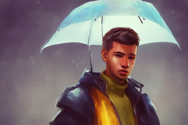 Image similar to “ a portrait of finn, rainy background, bright art masterpiece artstation. 8 k, sharp high quality artwork in style of jose daniel cabrera pena, concept art by tooth wu, fanart ”