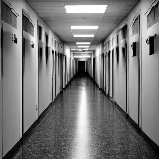 Prompt: a lonely school hallway, with some windows and lockers on the sides, at midnight, liminal space, grainy footage, fluorescent lights,