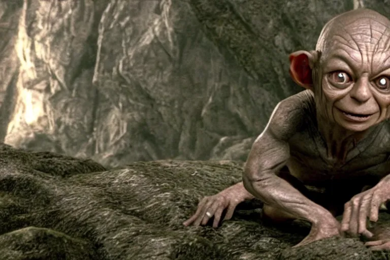 Image similar to ben shapiro plays gollum in the lord of the rings return of the king, highly detailed, cinematic lighting, 4 k, arricam studio 3 5 mm film camera, kodak 5 2 7 9 ( tungsten - balanced ) film stock