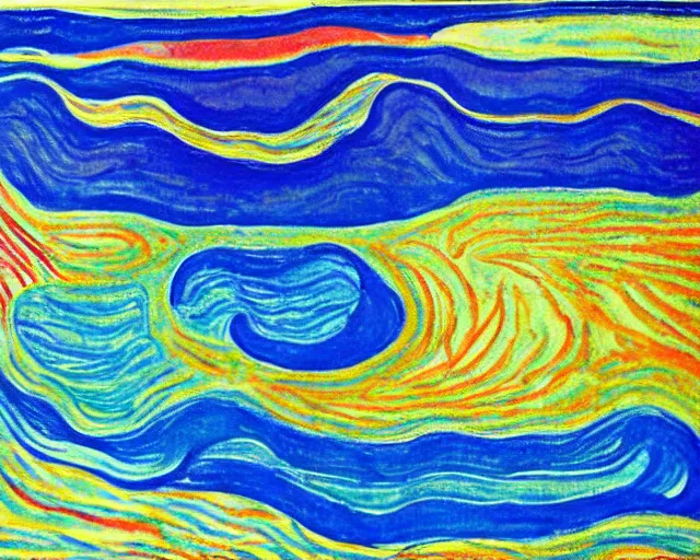 Image similar to Ocean waves in a psychedelic dream world. DMT. Curving rivers. Landscape painting by Edvard Munch. David Hockney.