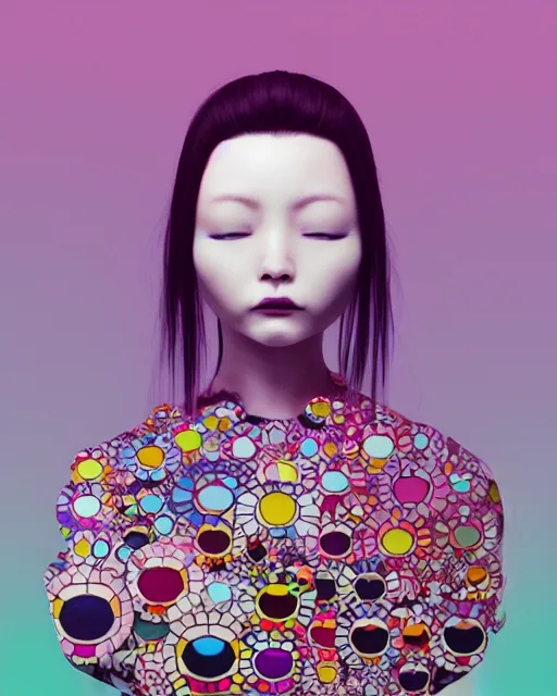 Prompt: A portrait of a woman with a dress designed by Takashi Murakami, fashion art by beeple