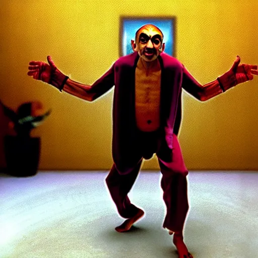 Image similar to mr. bean as dhalsim from the streetfighter movie. movie still. cinematic lighting.