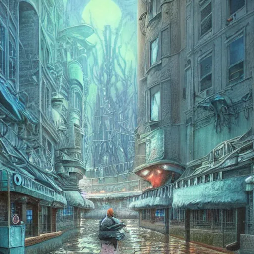 Image similar to artistic digital artwork of a city scene on an alien planet. beautiful landscape by vincent bons, michael whelan, remedios varo and gerardo dottori. grainy and rough. interesting pastel colour palette. beautiful light. oil and water colour based on high quality render.