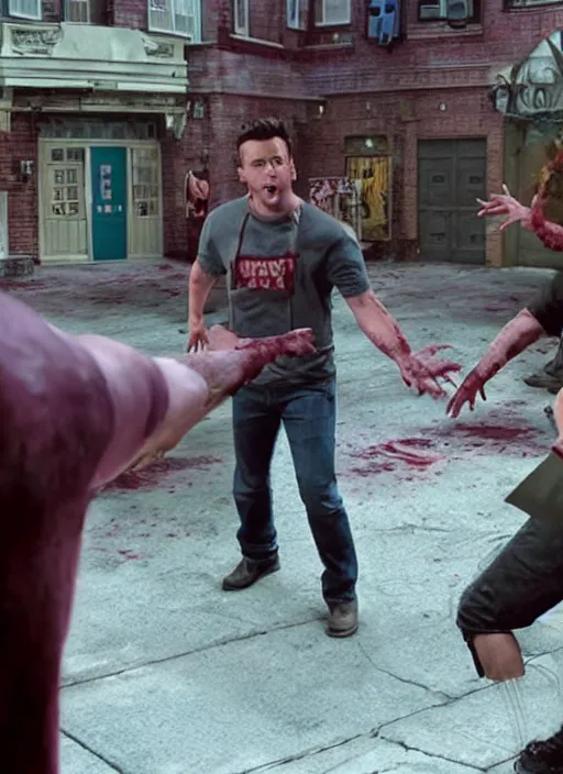 Prompt: a scene from friends where joey and chandler fight zombies, face enhance, realistic, shaun of the dead, izombie, ultra detailed, octane render, lovecraftian, horror, dead space, the walking dead