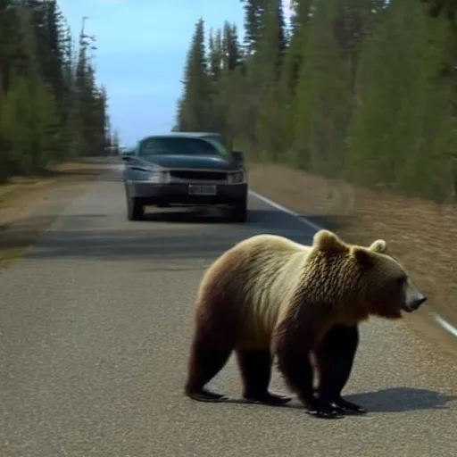 Prompt: a bear chasing a car, highly detailed, 4 k, trail cam footage