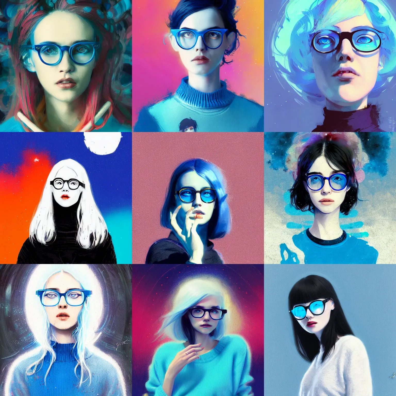 Prompt: cute girl in blue sweater white hair black wayfarer glasses standing psychedelic background by greg rutkowski art