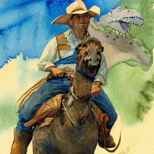 Image similar to a watercolor painting of a cowboy riding a dinosaur in the style of n. c. wyeth and in the style of james gurney.