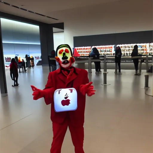 Prompt: scary clown working at an apple store