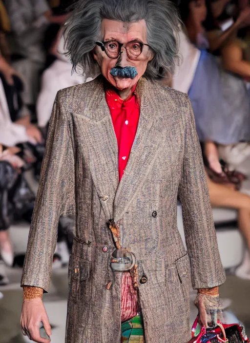 Prompt: hyperrealistic and heavy detailed gucci runway show of albert einstein, leica sl 2 5 0 mm, vivid color, high quality, high textured, real life