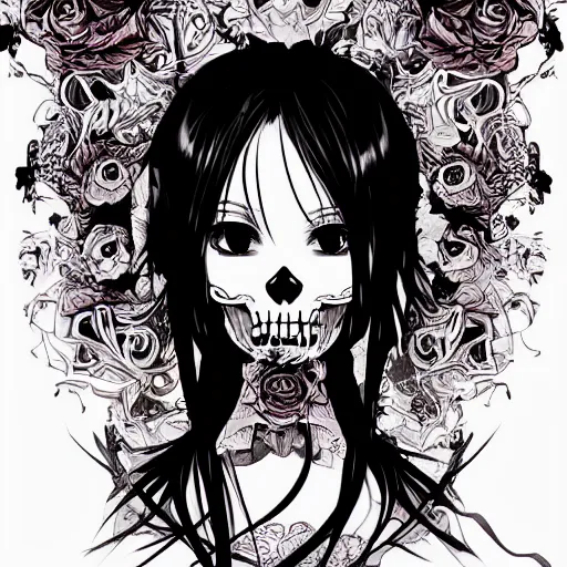 Image similar to anime manga skull portrait girl face closeup eyes detailed highres 4k kanye Mucha and James Jean pop art nouveau