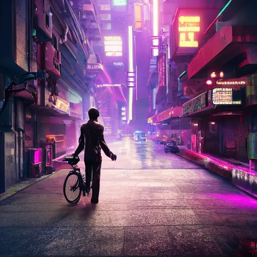 Image similar to high quality 3 d render cyberpunk very guy standing on a bicycle highly detailed, unreal engine cinematic smooth, in the style of blade runner & detective pikachu, hannah yata charlie immer, purple light, low angle, uhd 8 k, sharp focus