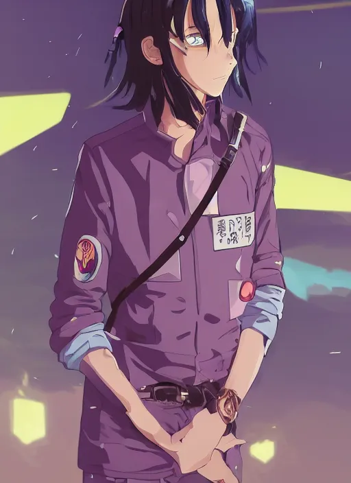 Prompt: teenager boy with straight indigo hair, purple eyes with red eye markers, slim body, wearing a detailed japanese combat clothes, golden details. rich vivid colors, ambient lighting, dynamic lighting, 4 k, official media, anime key visual, makoto shinkai, ilya kuvshinov, lois van baarle, rossdraws, detailed, trending on artstation