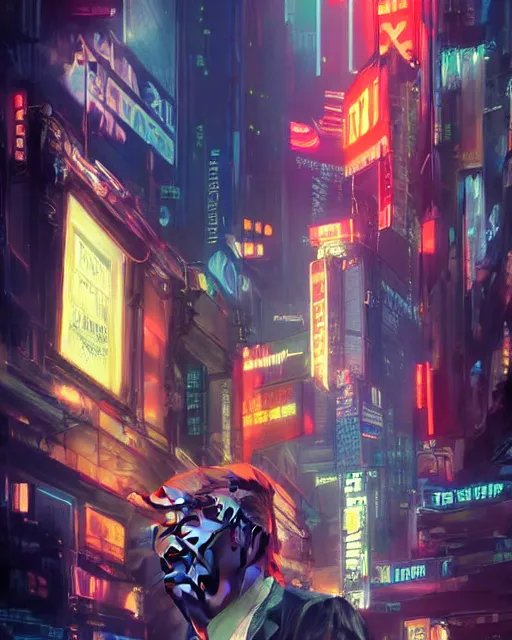 Image similar to donald trump posing in front of the nyse, cyberpunk atmosphere, neon lights, portrait, illustration, rim light, top light, perfectly shaded, spring time, slight overcast lighting, soft painting, art by krenz cushart and wenjun lin