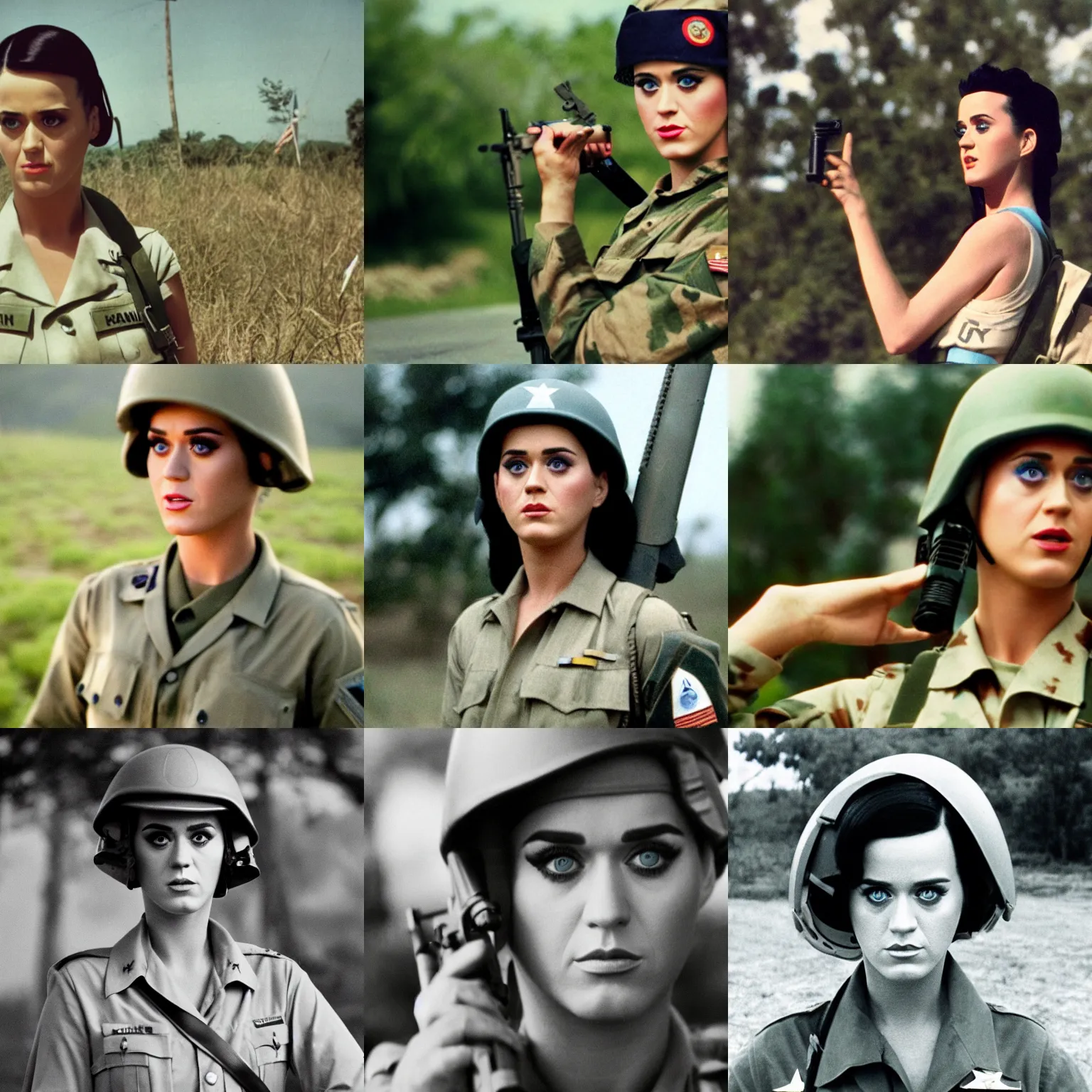 Prompt: katy perry as a soldier in vietnam, film still, kodak, blue tint