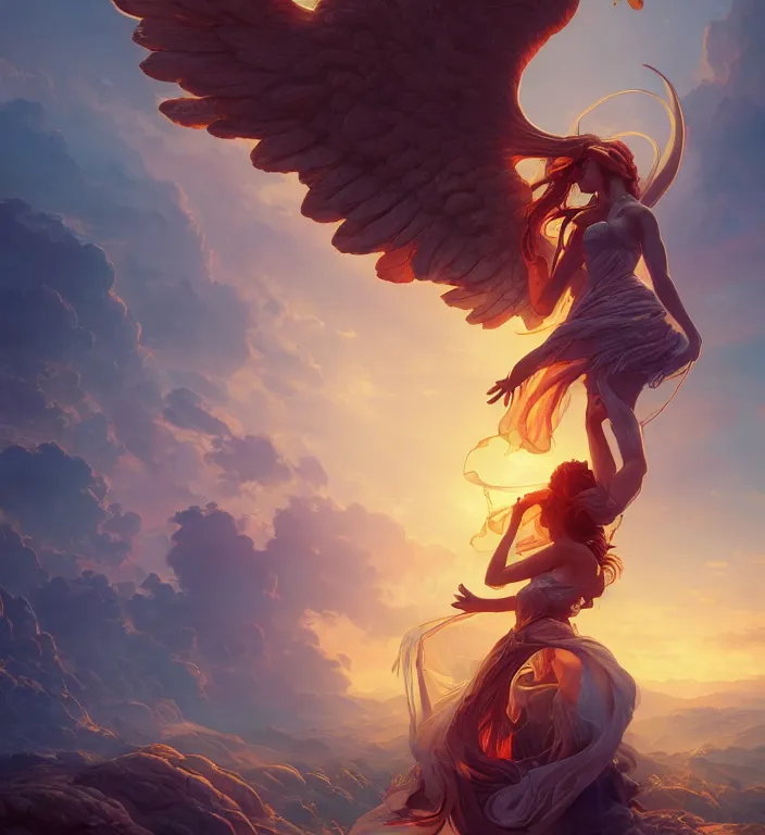 Image similar to centered waist up portrait photography an angel + bokeh + DOF + 8k, photorealistic + rendered in unreal engine + colors and composition by Peter Mohrbacher + line work by Dan Mumford , ultra realistic + backlit + strong rimlight, sunset + HDRI, HD, Photoreal