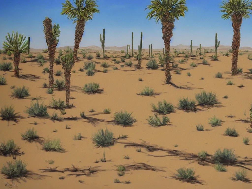 Image similar to Trailer park landscape in the desert near the oasis painting by Alison Elizabeth Taylor