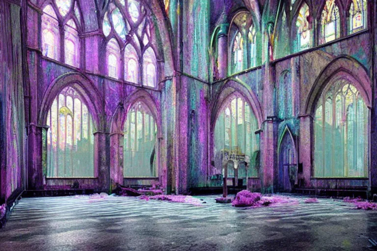 Prompt: abandoned 9 0 s cathedral interior with large organic circular windows, rain like a dream, oil painting, cinematic, dramatic, volumetric lighting, cyberpunk, basquiat + francis bacon + gustav klimt + beeple, elevated street art, fantasy lut, textural, pink, blue, purple, green,