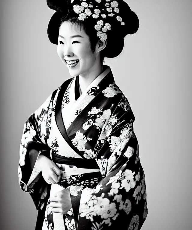 Prompt: a grainy black and white film photograph shot on kodak 4 0 0 tx, portrait of one!! beautiful japanese woman wearing a traditional kimono with a very ornate pattern of cranes and flowers, she smiles, her hair is tied above her head, the scene is shot on a canon 8 5 mm f / 1. 4 in a studio setting with dramatic and cinematic lighting