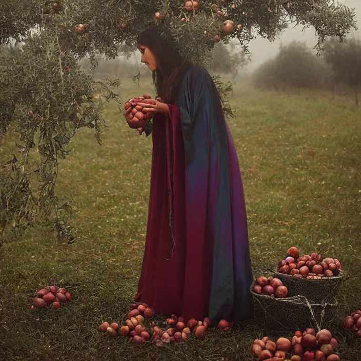 Image similar to a closeup portrait of a woman wearing a cloak made of iridescent twine and ribbon, picking pomegranates from a tree in an orchard, foggy, moody, photograph, by vincent desiderio, canon eos c 3 0 0, ƒ 1. 8, 3 5 mm, 8 k, medium - format print