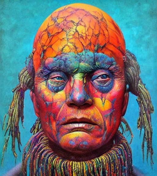 Image similar to Portrait painting in a style of Beksinski mixed with Alex Grey of an old shaman dressed in a colorful traditional clothes. Very psychodelic