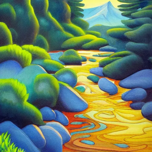 Prompt: mountains, trees and flowing water in the early morning light highly detailed art painting in the style of geogia o keefe