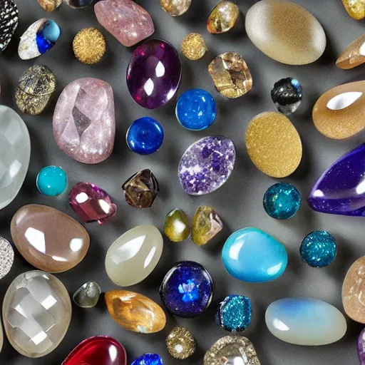 Image similar to roughly circular precious stones of different colours and materials laid out in a regular pattern