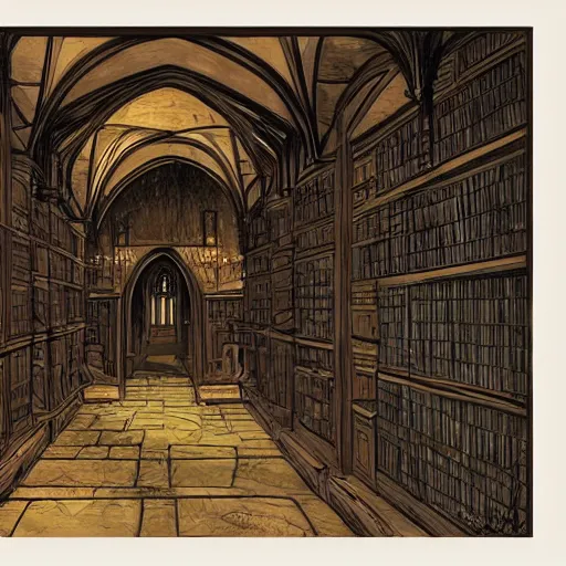 Prompt: old french medieval library with spiral staircases late evening stained glass windows moody dark musty old, concept art by Samuel Schultz