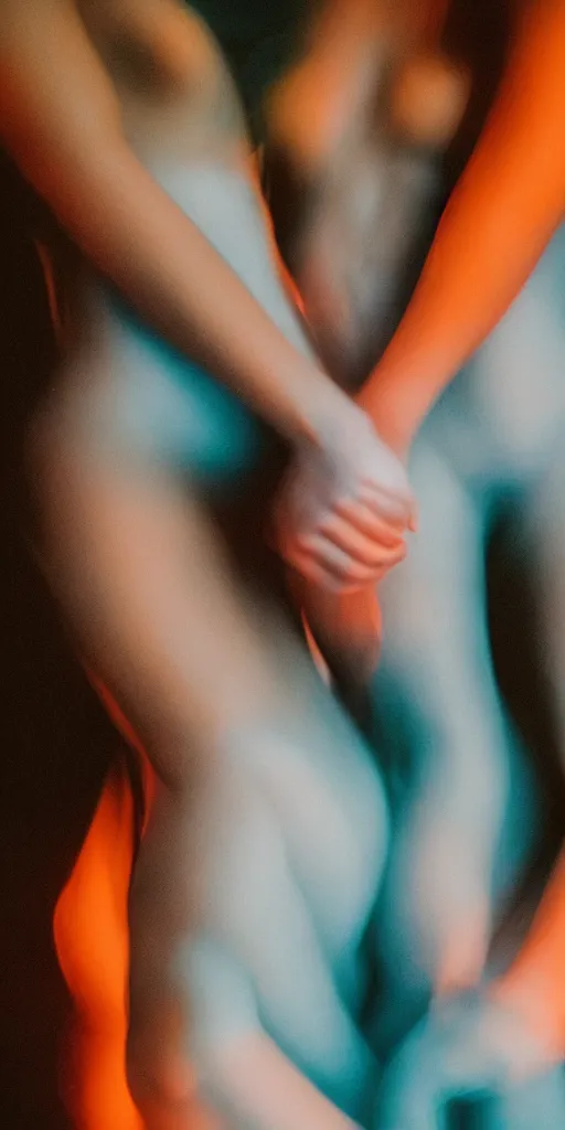 Image similar to a blurry picture of gorgeous human bodies intertwined, long exposure photograph, anamorphic bokeh, orange and cyan lighting